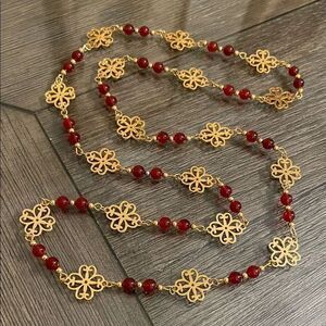 Vintage Elegant Filigree Station Gold and Red Floral Necklace